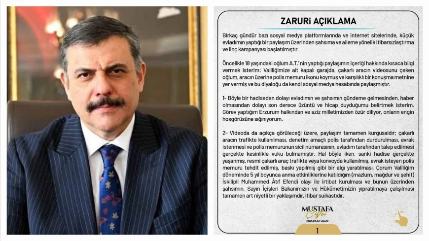 Erzurum Valisi Mustafa Çiftçi'den oğlunun paylaşımıyla ilgili açıklama: 'Herkes evladıyla sınanabilir'
