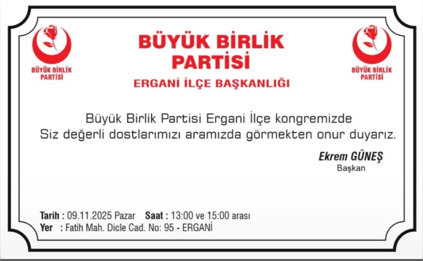 Büyük Birlik Partisi Ergani İlçe Kongresi 9 Kasım’da: BBP Diyarbakır İl Başkanı Mehmet Çiçek Katılacak
