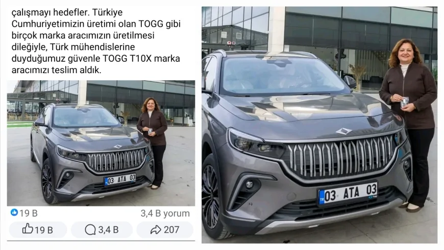 Afyonkarahisar Belediye Başkanı Burcu Köksal TOGG T10X’i teslim alırken “Atatürk milliyetçiliği yerli üretimi desteklemektir” dedi