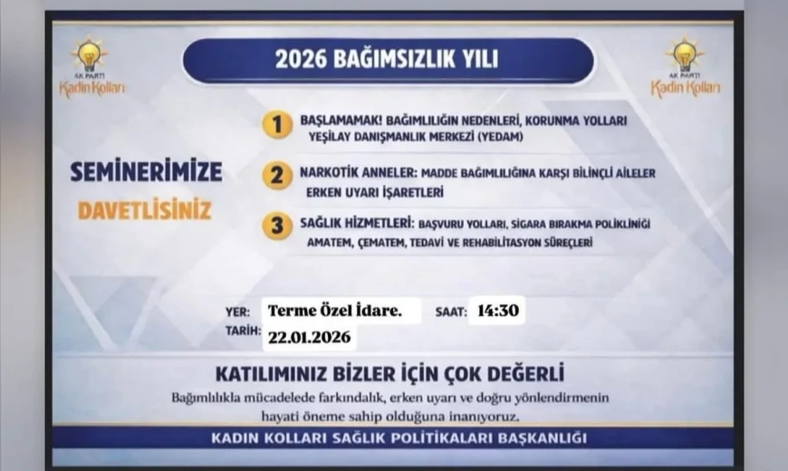 AK Parti Kadın Kolları’ndan Terme’de bağımlılıkla mücadele semineri: “Bağımsızlık Yılı’nda bilinçli aileler hedefleniyor”