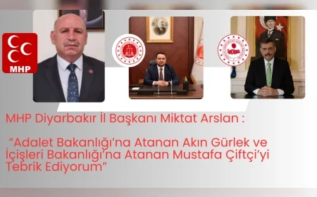 MHP Diyarbakır İl Başkanı Miktat Arslan: “Adalet Bakanlığı’na Atanan Akın Gürlek ve İçişleri Bakanlığı’na Atanan Mustafa Çiftçi’yi Tebrik Ediyorum”