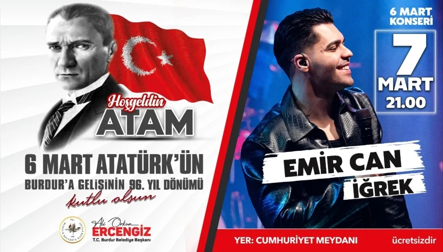 Emir Can İğrek konseri 7 Mart Cuma günü saat: 21:00’da Cumhuriyet Meydanında düzlenecek.