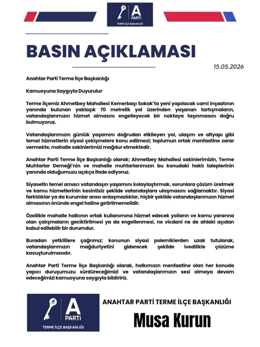 Anahtar Parti Terme İlçe Başkanlığı: “Vatandaşın hizmet alması siyasi tartışmalara kurban edilmemeli”