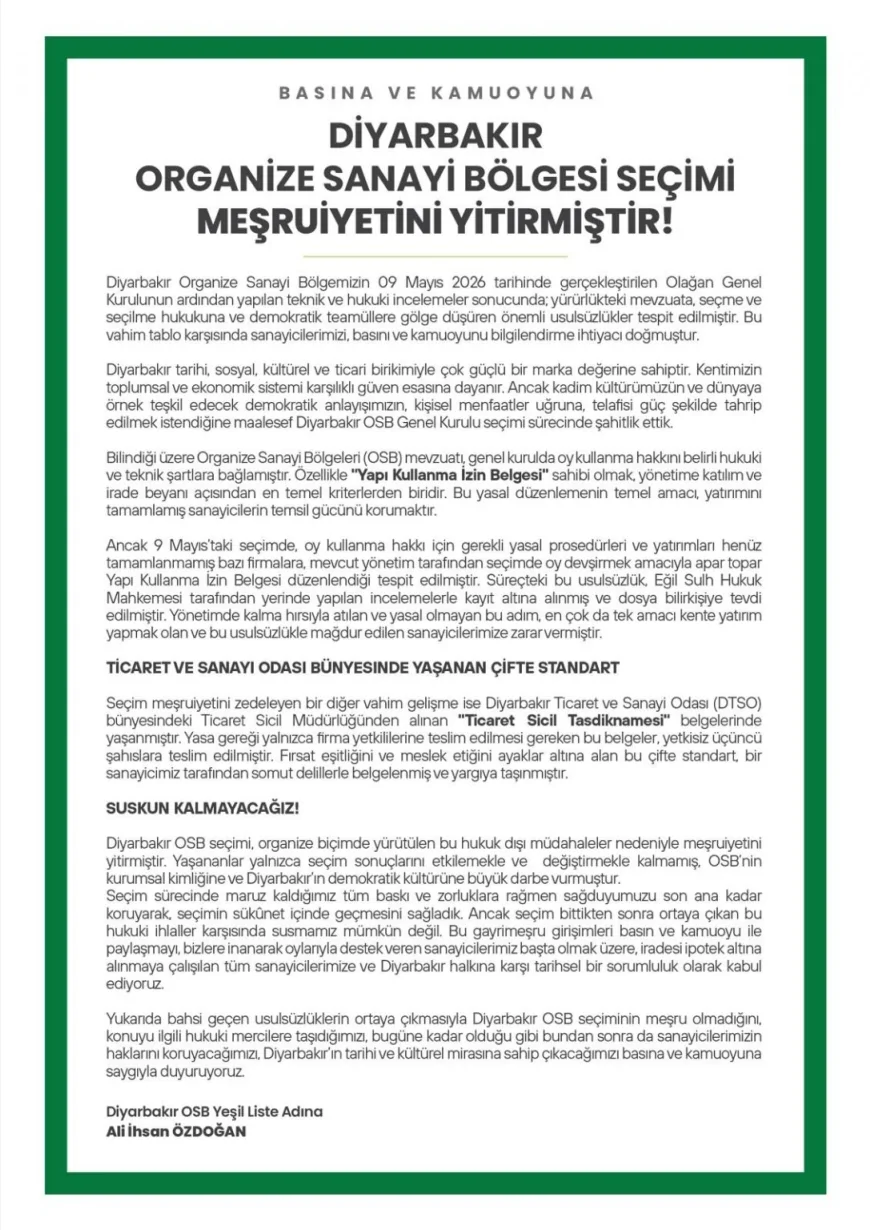 Diyarbakır OSB Başkan Adayı Ali İhsan Özdoğan: “OSB Seçimi Meşruiyetini Yitirmiştir”