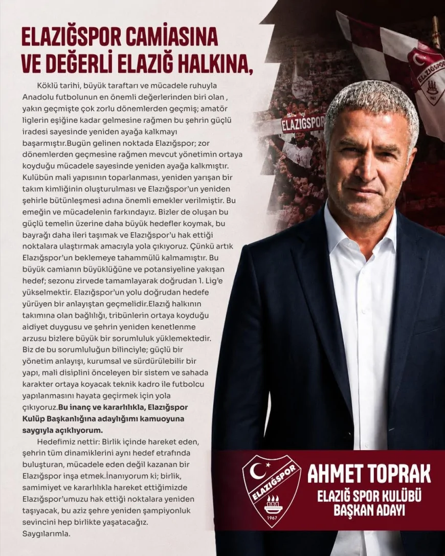 İş İnsanı Ahmet Toprak Elazığspor Başkanlığına Aday Oldu: “Hedefimiz Doğrudan 1. Lig”