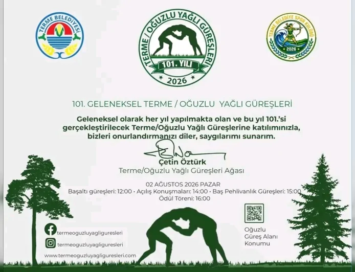101. Geleneksel Terme Oğuzlu Yağlı Güreşleri 2 Ağustos’ta Er Meydanında Başlıyor