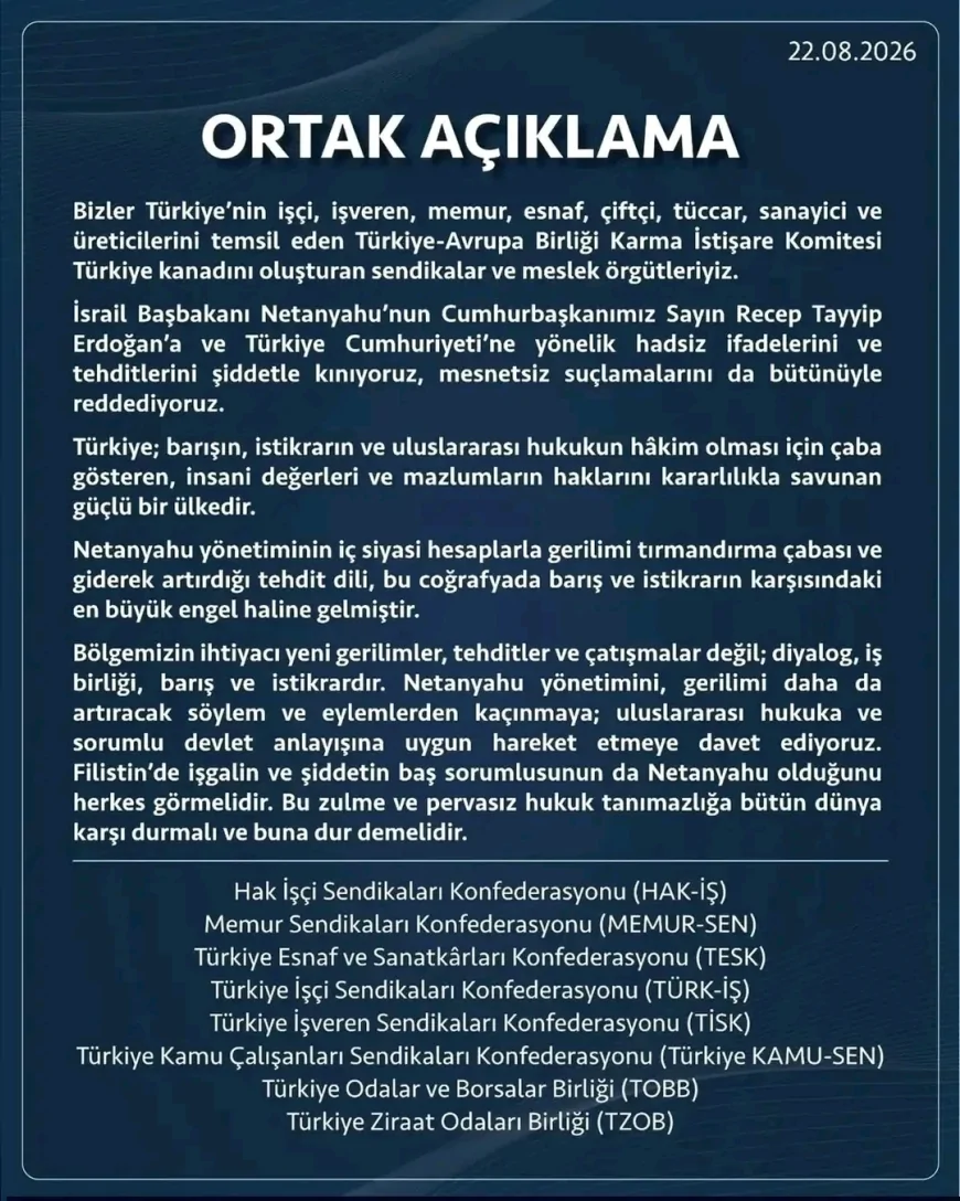 HAK-İŞ’ten TOBB’a 8 kuruluş Netanyahu’ya karşı tek ses oldu: “Tehditleri şiddetle kınıyoruz”