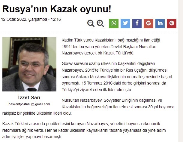 Araştırmaci Gazeteci Yazar İzzet Sarı  Kazakistan’da ki son durumu kaleme aldı