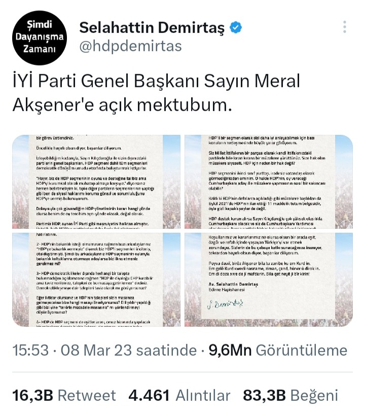 Demirtaş'tan Akşener'e açık mektup