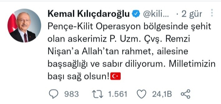 Kılıçdaroğlu Şehitler İçin Mesaj Yayınladı