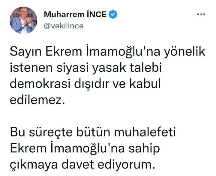 Muharrem İnce Karardan Bir Hafta Önce İmamoğlu İçin Birlik Mesajı Vermişti 