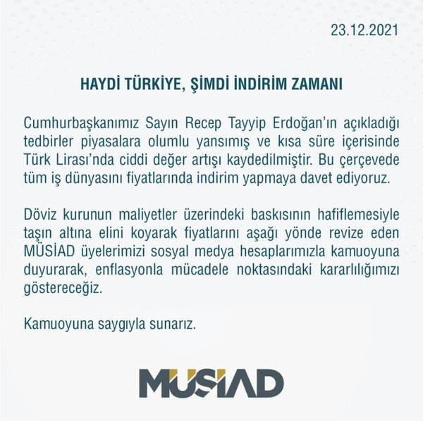 MÜSİAD : “HAYDİ TÜRKİYE, ŞİMDİ İNDİRİM ZAMANI!”