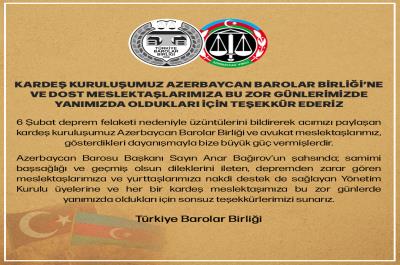 TBB Kardeş Kuruluş Azerbaycan Barolar Birliği'ne Teşekkür Etti