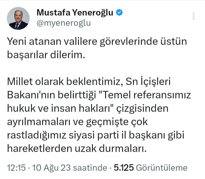 Yeneroğlu Yeni Atanan Valilere Başarılar Diledi ve Uyardı