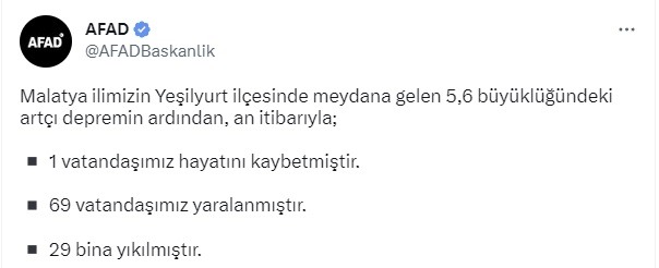 AFADTAN MALATYA YEŞİLYURT AÇIKLAMASI