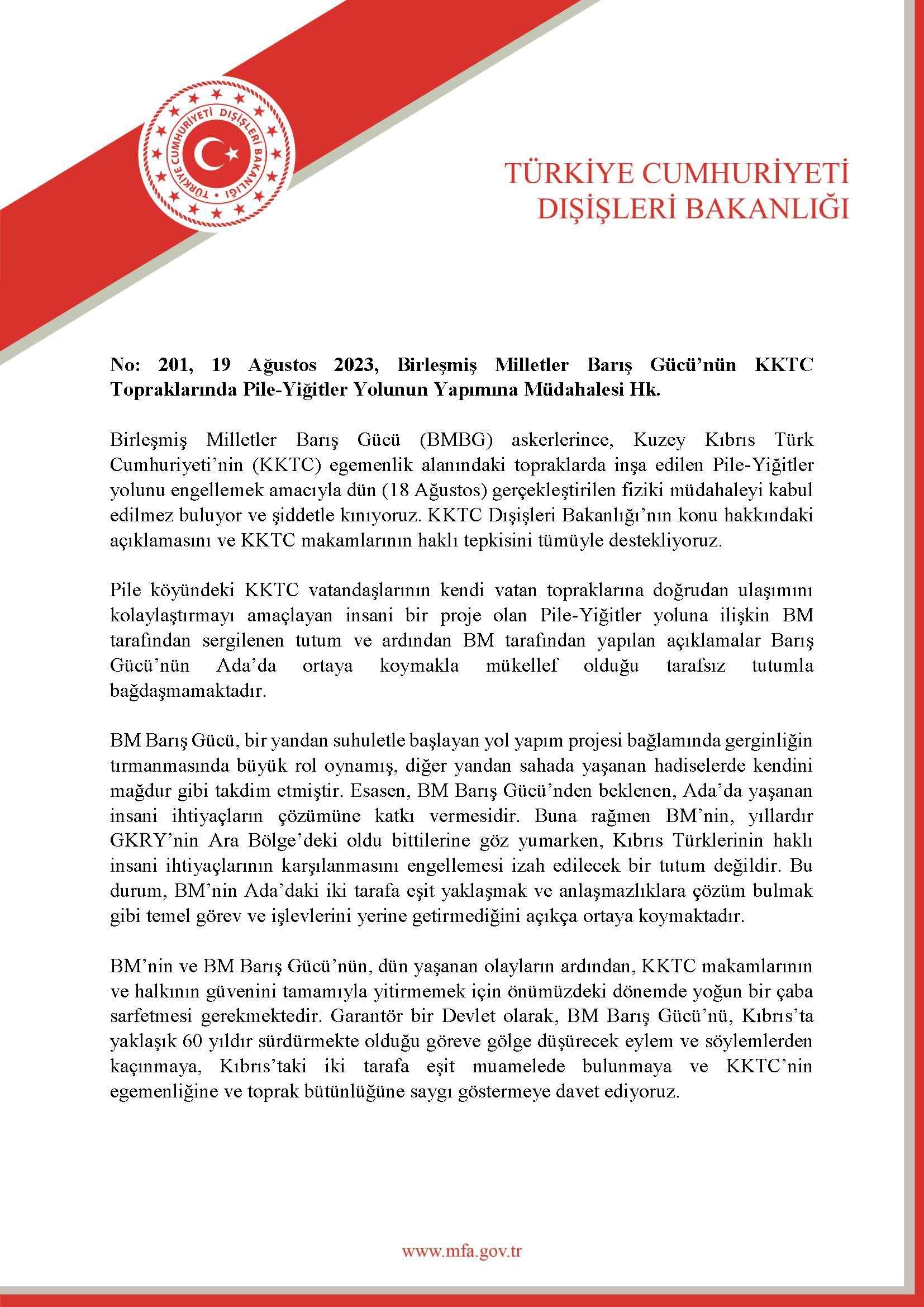 BM'nin KKTC Topraklarında Pile-Yiğitler Yolunun Yapımına Müdahalesi Hakkında Basın Açıklaması