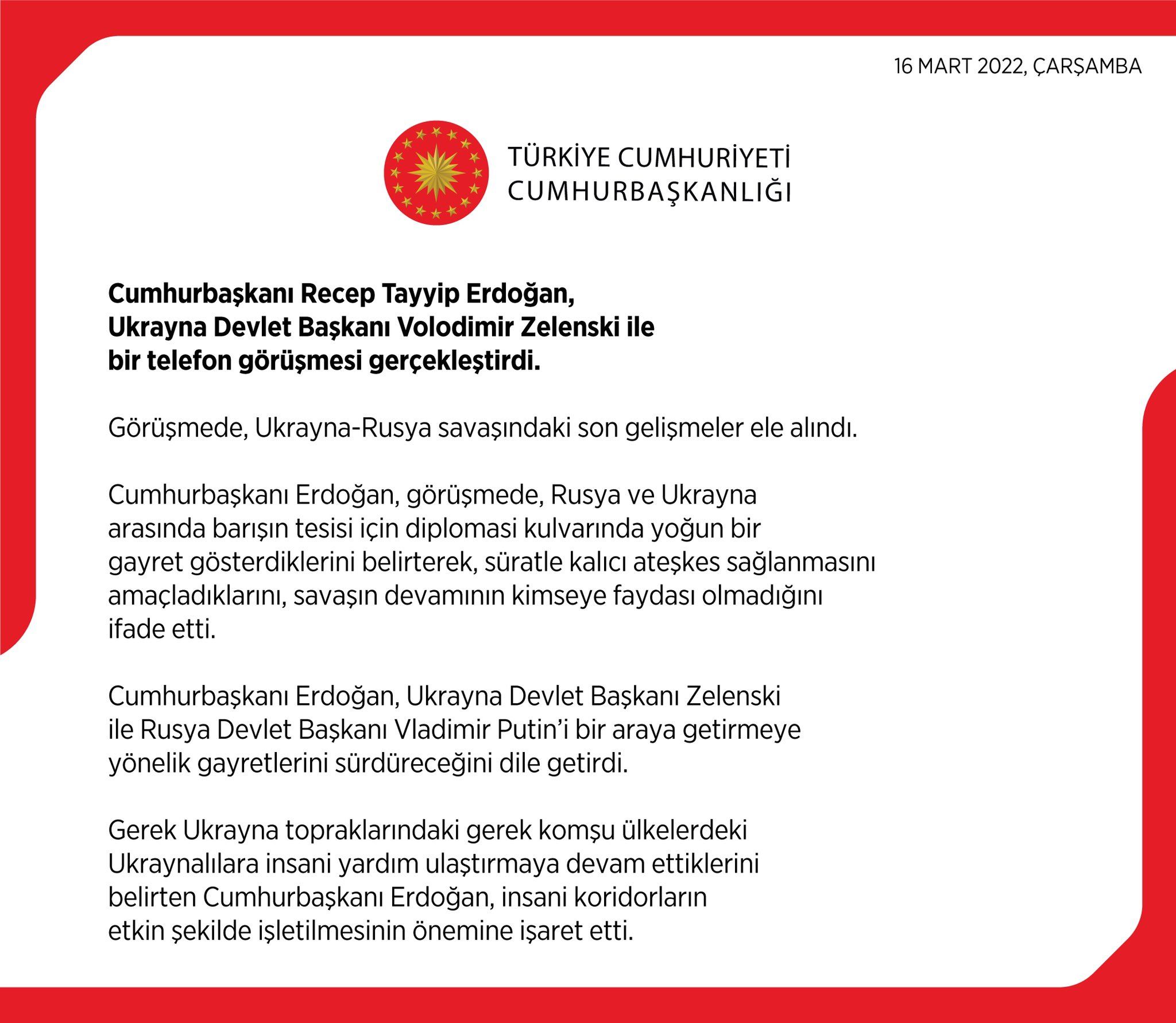 Cumhurbaşkanı Erdoğan , Zelenski ile bir telefon görüşmesi gerçekleştirdi