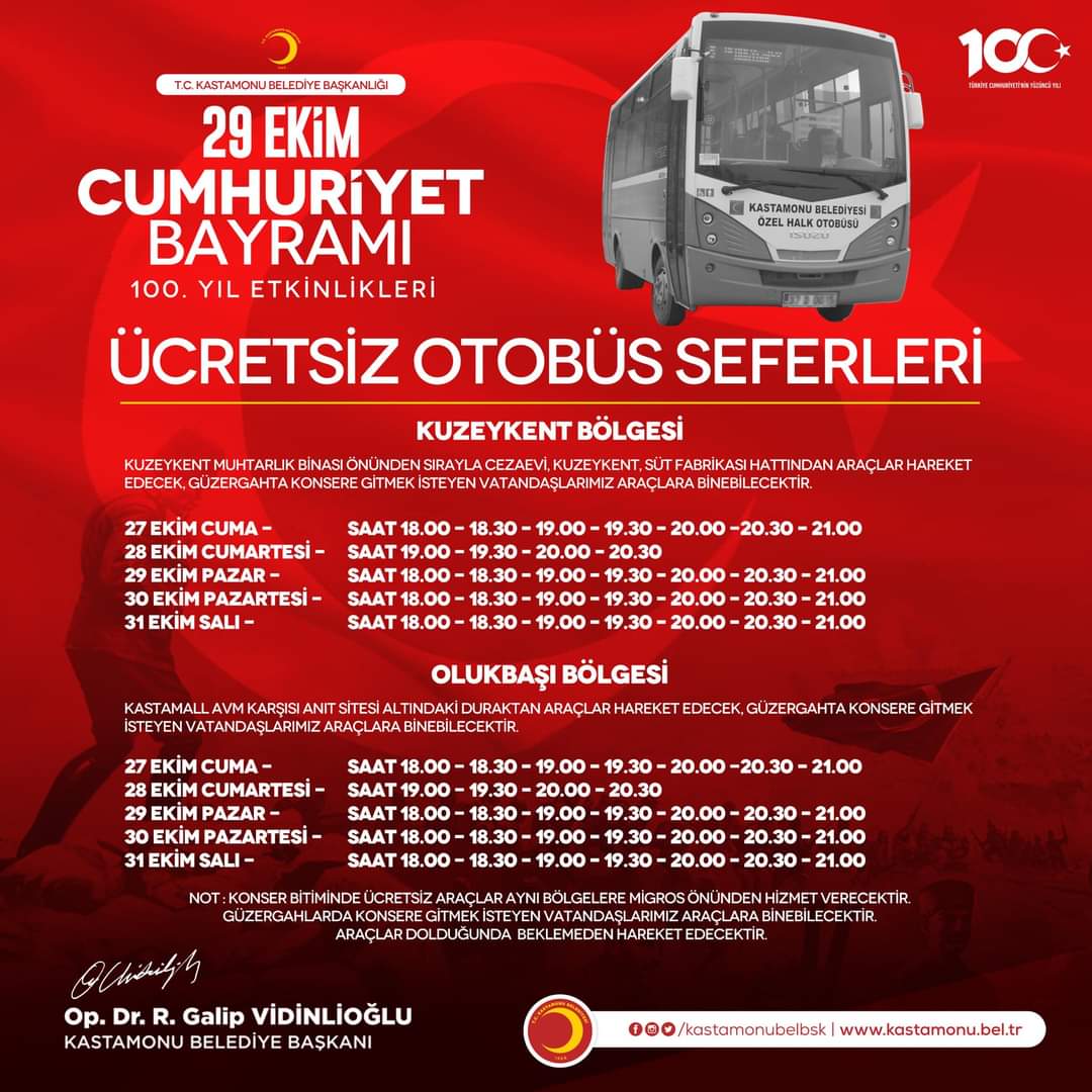 Cumhuriyetimizin 100’üncü yıl kutlamalarına ücretsiz otobüs seferleri düzenlenecek