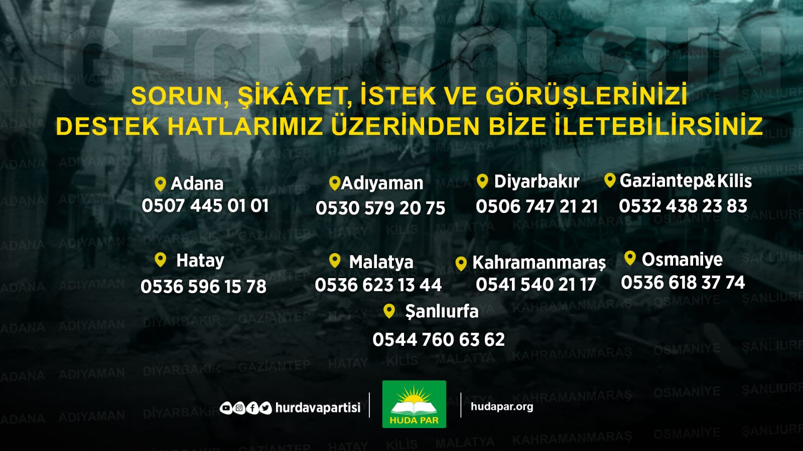 HÜDA PAR, deprem bölgelerinde oluşturduğu irtibat hatlarını kamuoyu ile paylaştı