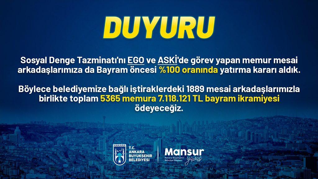 MANSUR YAVAŞ’TAN BÜYÜKŞEHİR MEMURLARINA BAYRAM MÜJDESİ