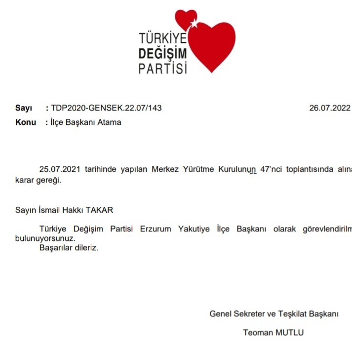 TDP ERZURUM İL BAŞKAN'INDAN YENİ ATAMA
