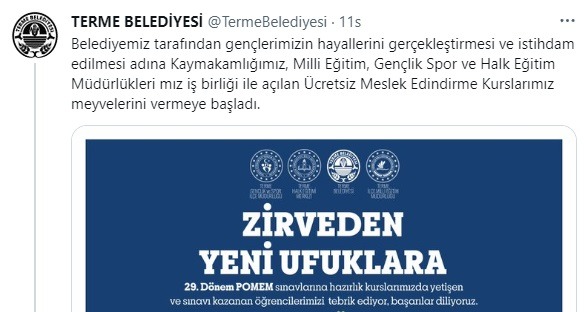 TERME BELEDİYE BAŞKANI POMEM KURSİYERLERİNİ TEBRİK ETTİ