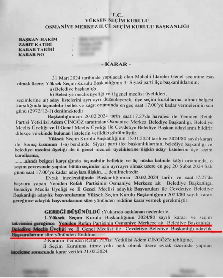 Yeniden Refah Partisi Osmaniye'de seçime giremiyor