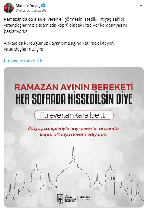 ANKARA BÜYÜKŞEHİRDEN ‘FİTRE VER’ VE ‘FİDYE VER’ KAMPANYALARI