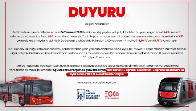 Ankara Büyükşehir Belediyesi’nden Toplu Taşıma Tarifesi Değişikliği Açıklaması