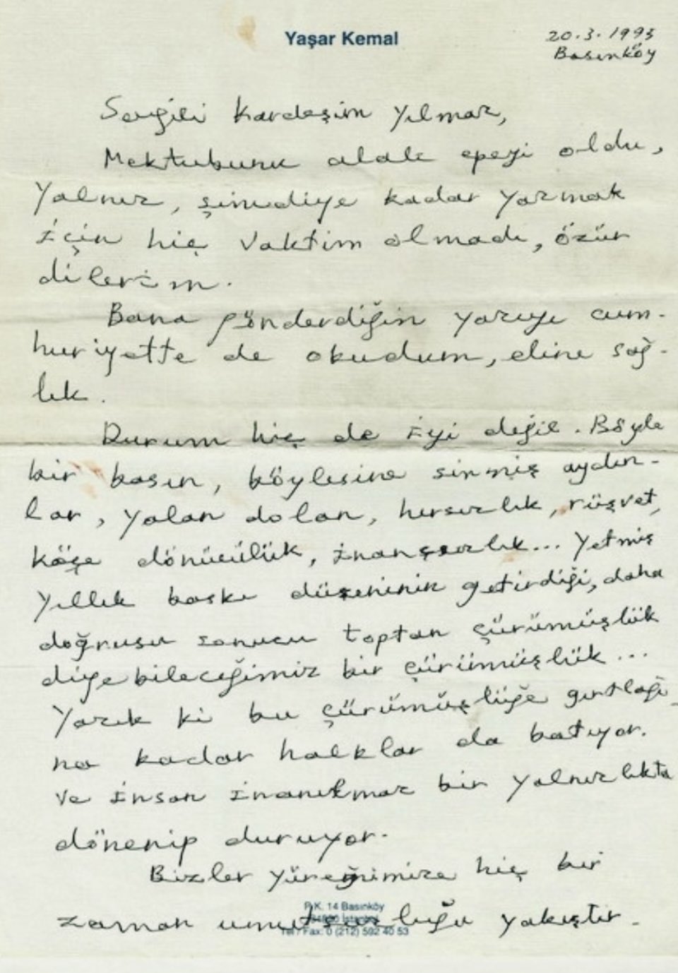 Yılmaz Odabaşı, Yaşar Kemal’in 30 Yıl Önceki Mektubunu Paylaştı: "Bugünleri de Anlatıyor"