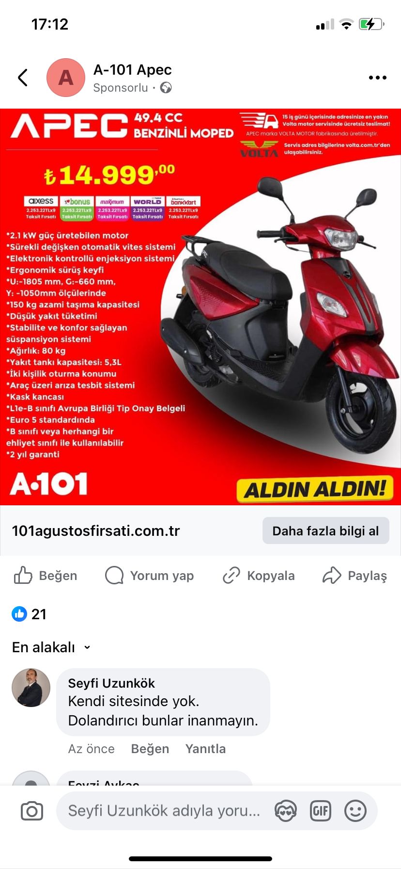 Facebook'ta A101 Adı Kullanılarak Yapılan Dolandırıcılık Yöntemi: Sahte Uygulamalarla 14 Bin TL'lik Motosiklet Vaadi