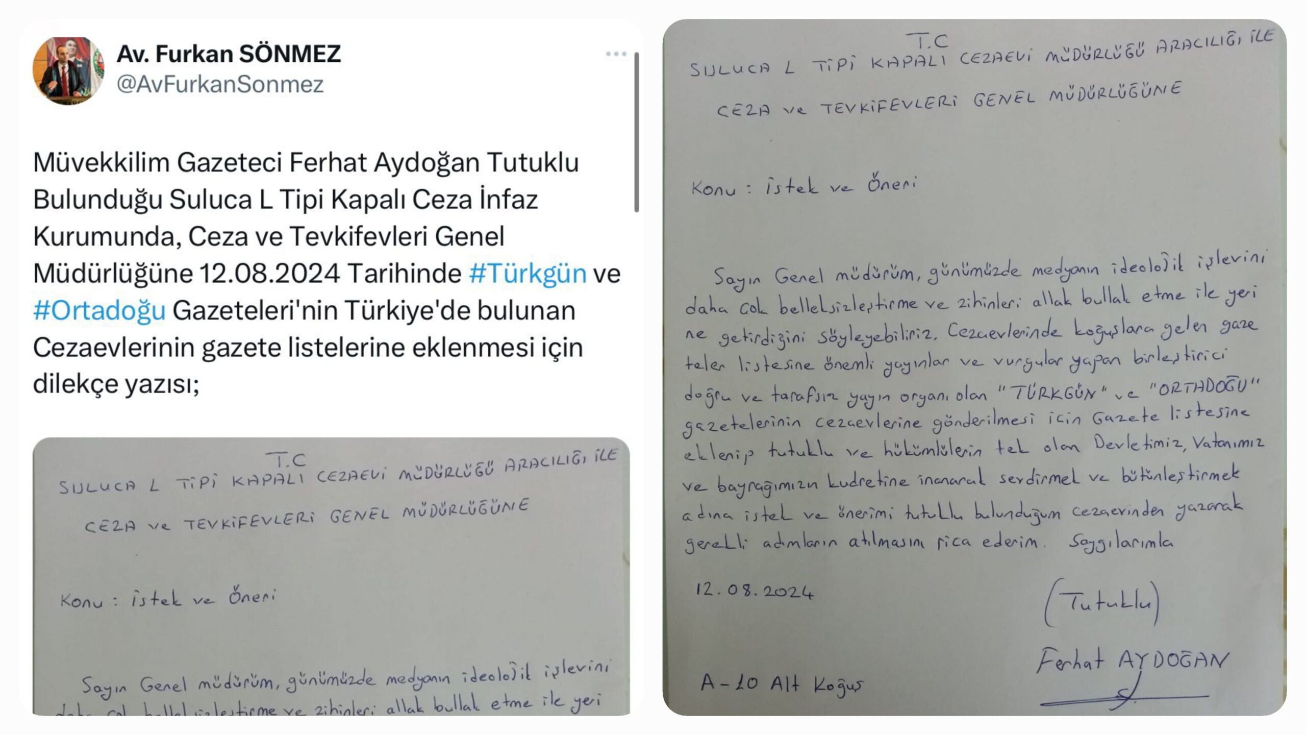 Hukuk Mücadelesi veren Ferhat Aydoğan, Tutuklu ve Hükümlüler Devletine Küsmemeli