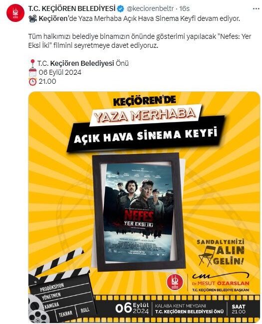 Keçiören Belediyesi’nin Açık Hava Sinema Etkinlikleri Devam Ediyor