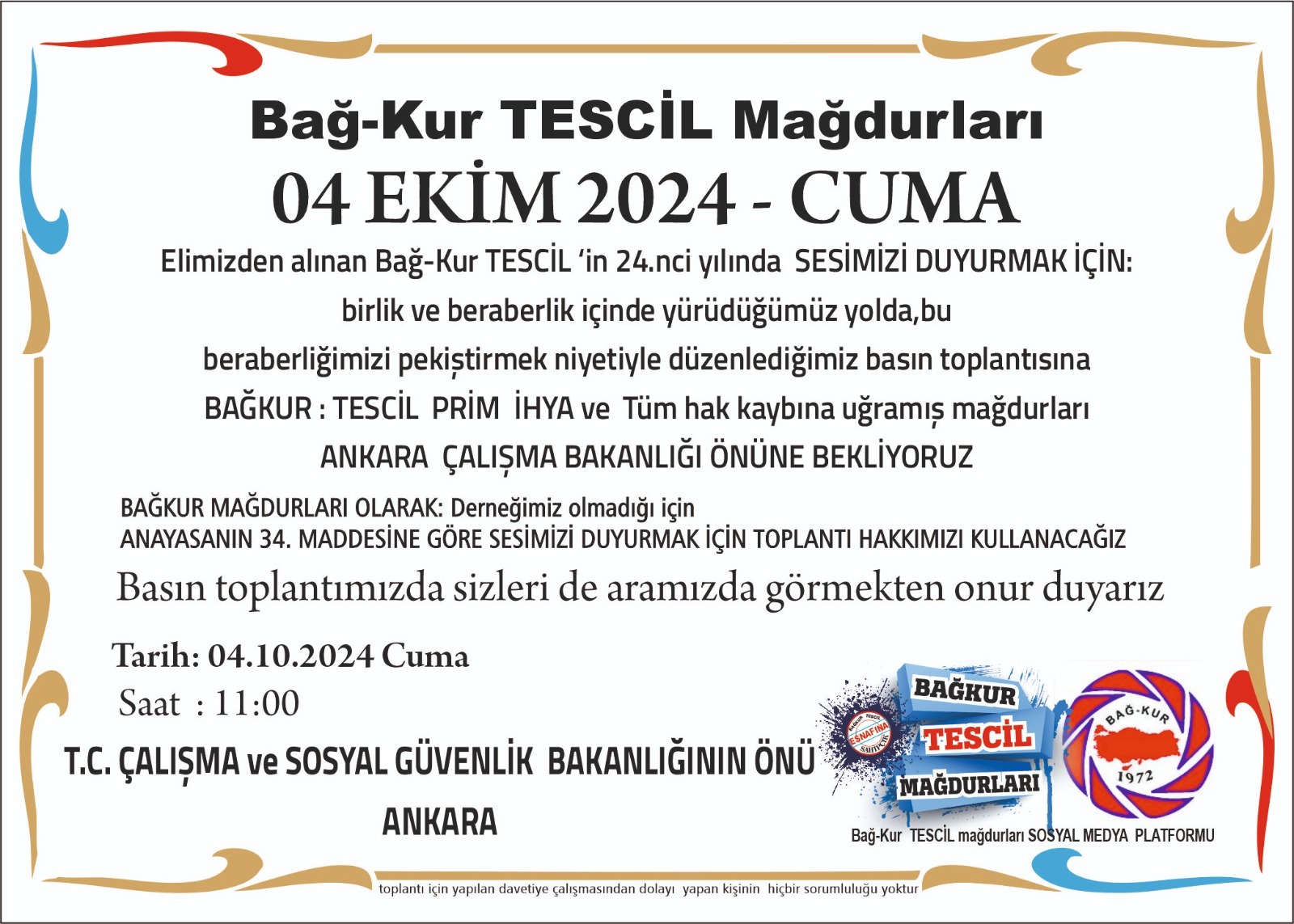 Bağ-Kur Tescil Mağdurları Basın Toplantısına Çağrı