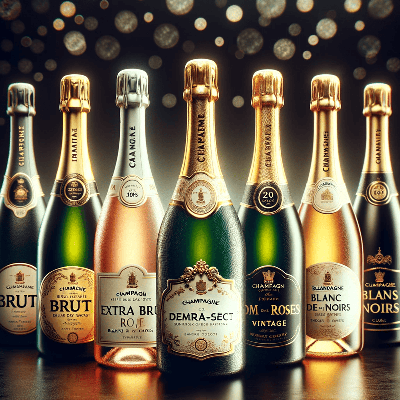 DChampagne bottles representing the varieties mentioned Brut Extra Brut Demi Sec Rose Vintage Blanc de Blancs